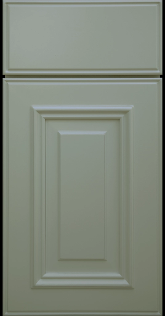 Custom Evergreen Anderson Raised Panel Kitchen Cabinet Door and matching Slab Drawer Front.